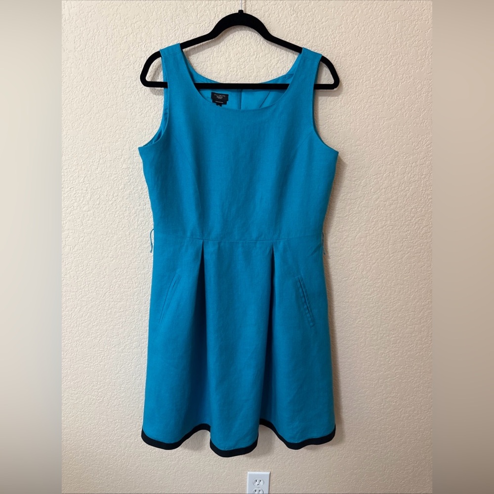 Talbots Dress 1950's Vtg Style Sleeveless Irish Linen Turquoise Blue & Black 14P